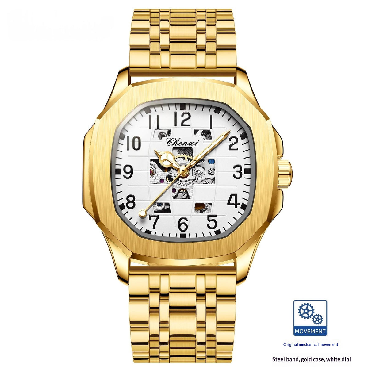 Square mechanical men's watch, gold-tone bracelet, white dial with skeleton detail