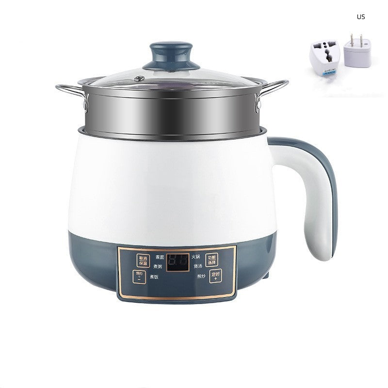 White and blue electric hot pot with lid on a white background