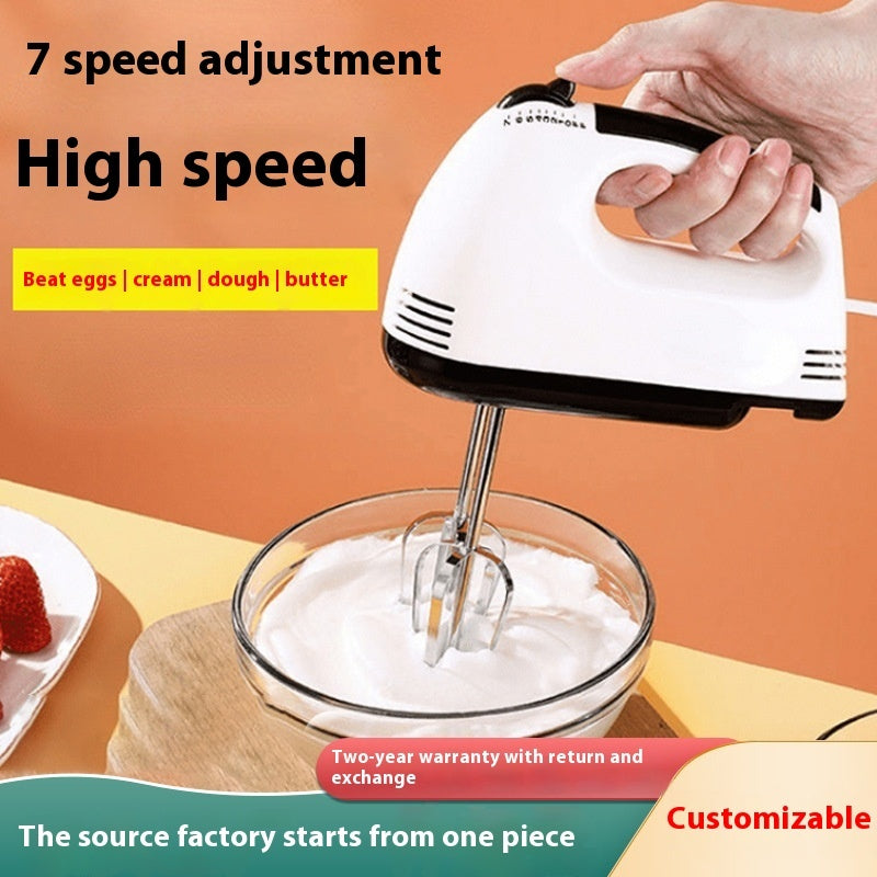 Hand mixer being used to beat eggs in a bowl with text highlighting features on an orange background