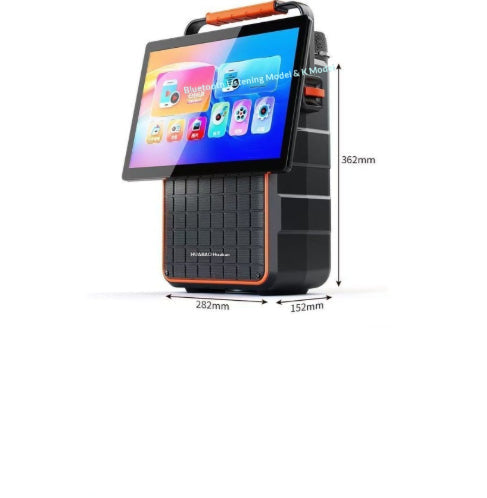 Portable karaoke video speaker with rotatable screen, black body and orange accents