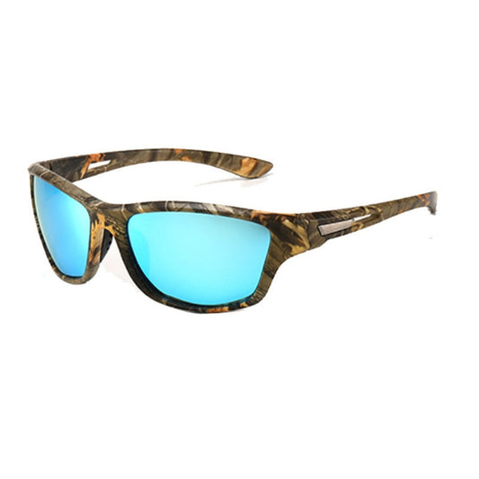 Sunglasses with camouflage frame and blue lenses on a white background