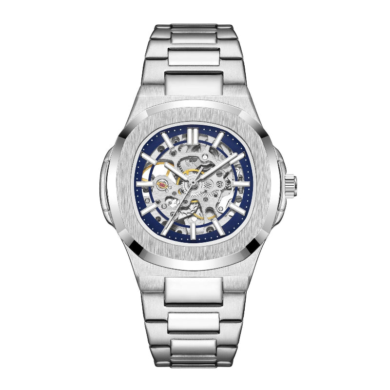 Silver wristwatch with a blue dial on a white background