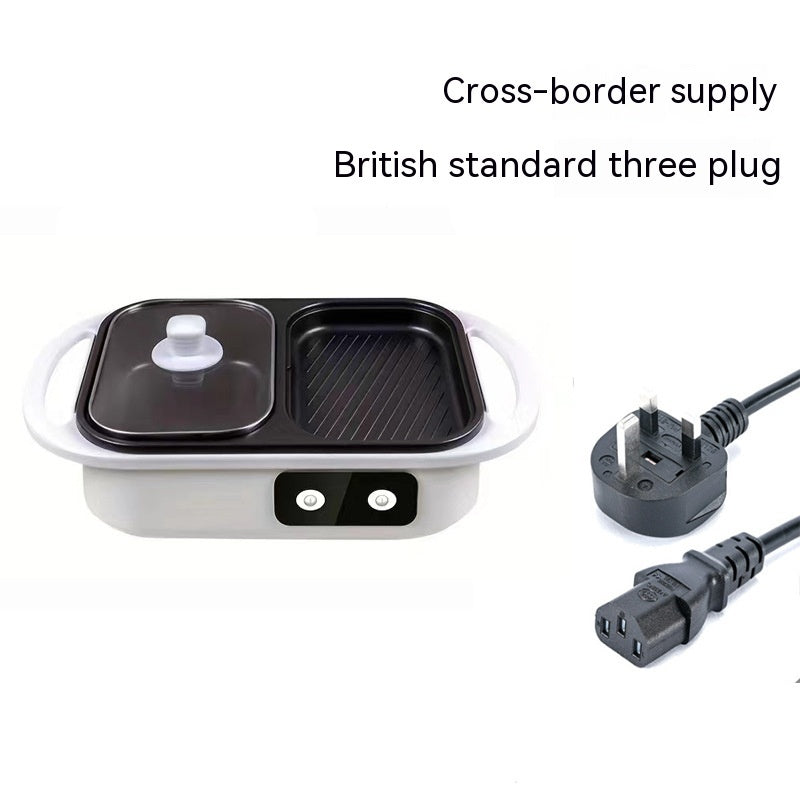Portable electric grill with British standard three plug on a white background