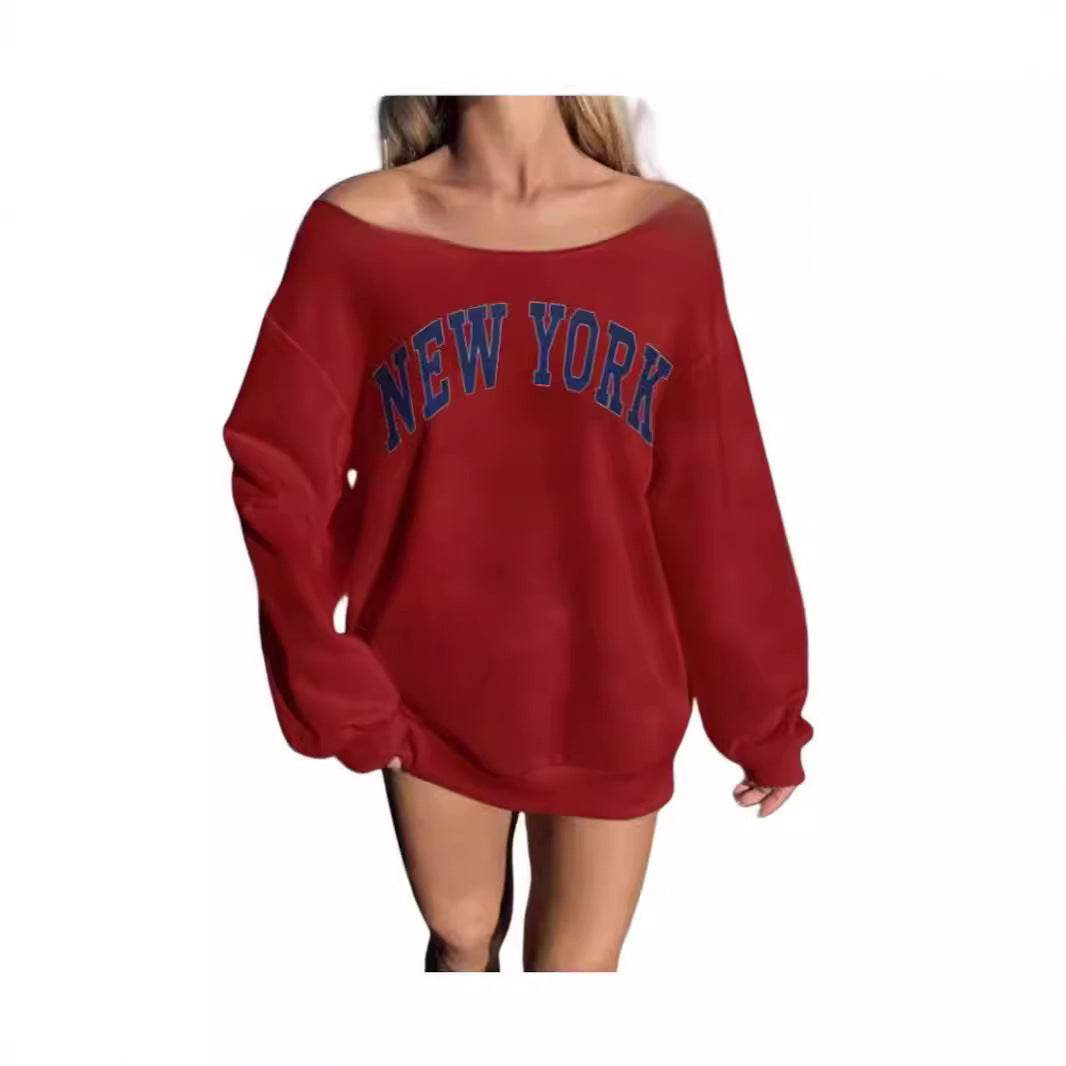 Women's Simple Letter Print Off-shoulder Long Sleeve Sweater - YAXSO