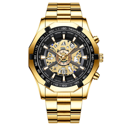 Gold wristwatch with a black face on a white background