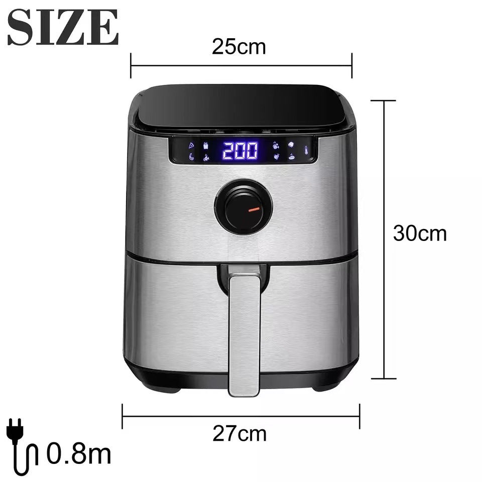 Stainless steel air fryer with digital display and dimensions labeled on a white background