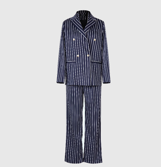 Women’s pinstripe blazer and high-waist wide-leg pants set in navy with light stripes