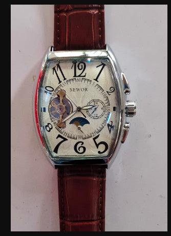Vintage-style wristwatch with brown leather strap and detailed face on a light background