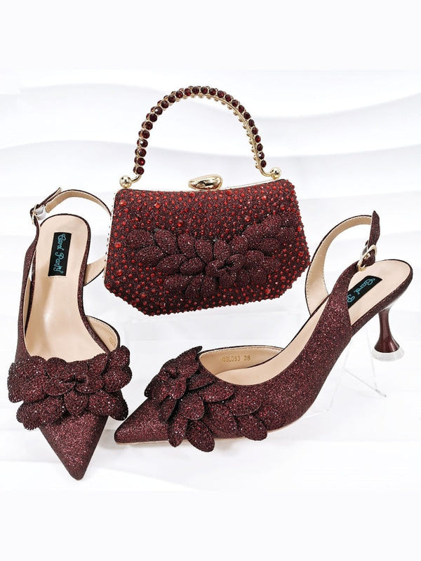 Wine-red rhinestone heels and matching jeweled handbag set for women