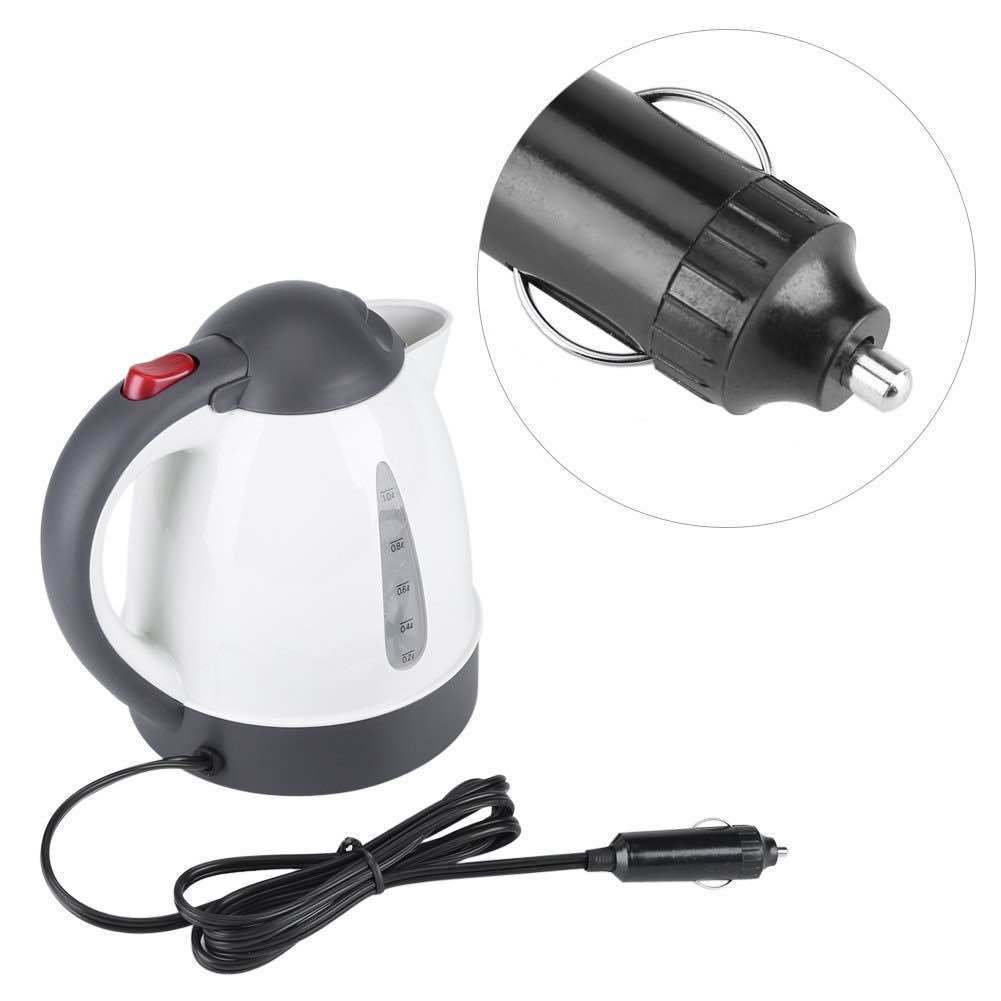 White electric kettle with black handle and base, featuring a car charger.