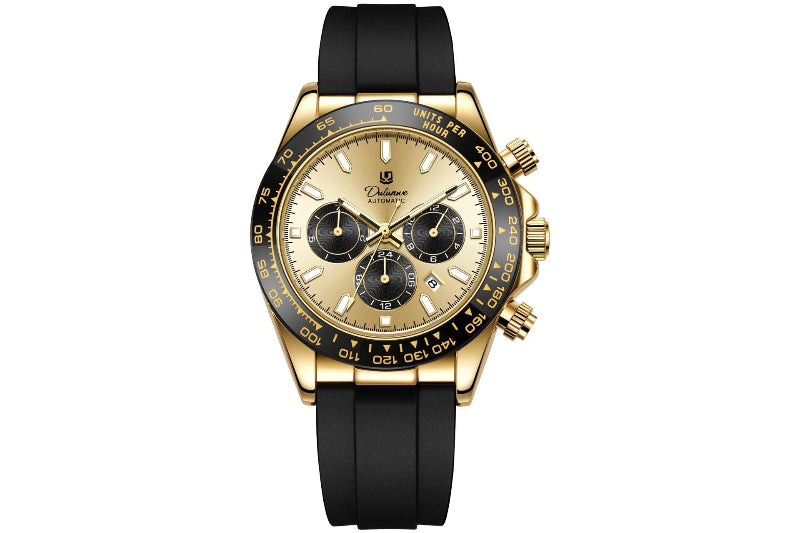 Men's automatic mechanical watch with gold case, cream dial, black bezel and black strap.