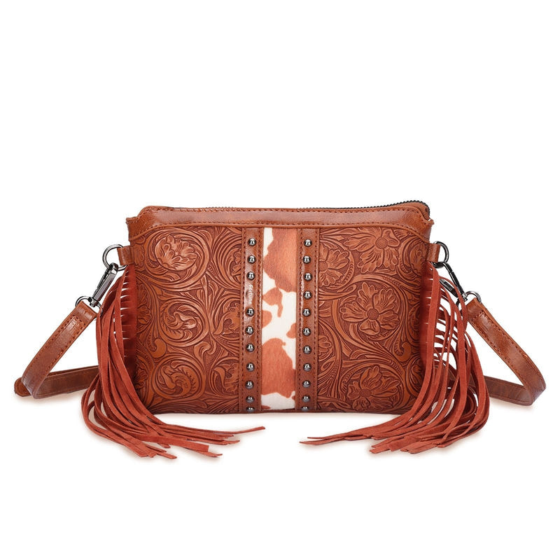 Women's crossbody bag, cognac orange embossed PU with studded center stripe and fringe