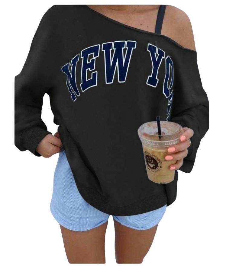 Women's Simple Letter Print Off-shoulder Long Sleeve Sweater - YAXSO