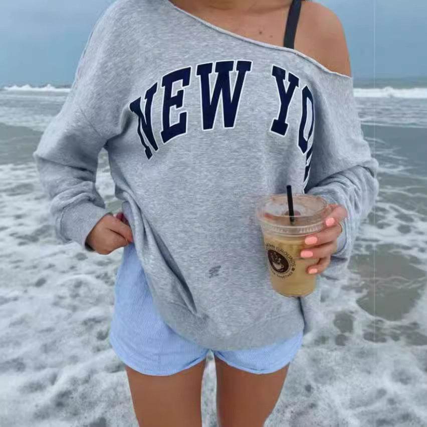 Women's Simple Letter Print Off-shoulder Long Sleeve Sweater - YAXSO