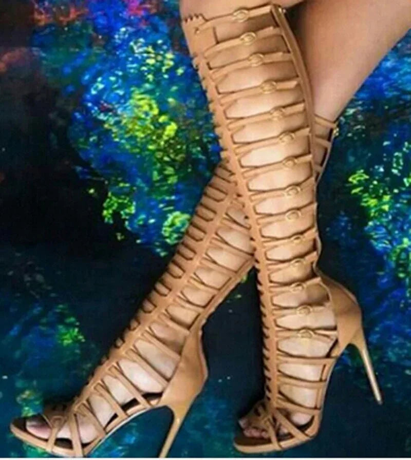 Gladiator Knee-High Stiletto Sandals - YAXSO