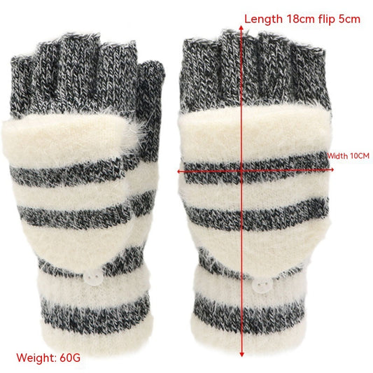 Pair of gray and white striped fingerless gloves with measurements and weight information on a white background.