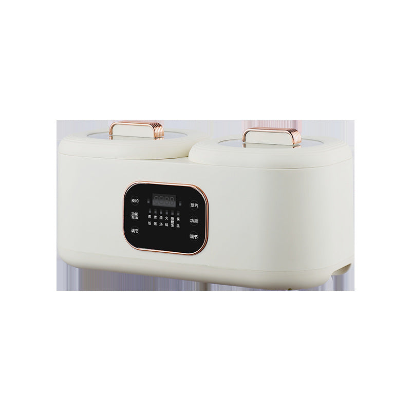 White rice cooker with digital display on a white background