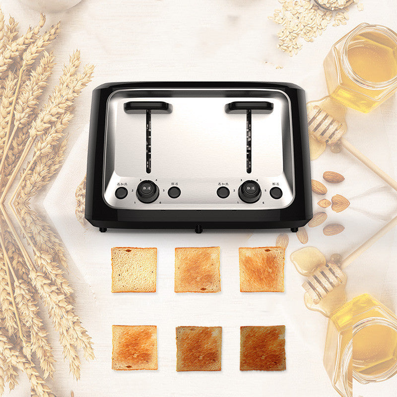 Toaster with six slices of toast on a light background with wheat stalks and honey jars.