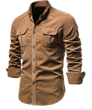 Men's long-sleeve button-up shirt in brown with two chest flap pockets