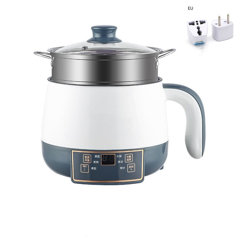 White and blue electric pot with digital display on a white background