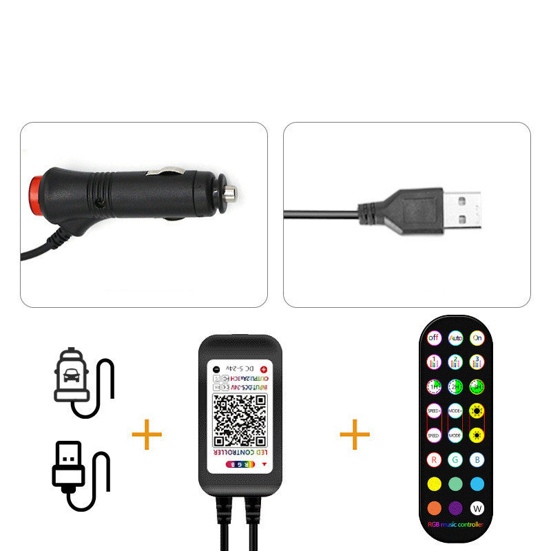 Collection of electronic components including a car charger, USB cable, remote control, and a device with a QR code YAXSO UAE ONLINE STORE