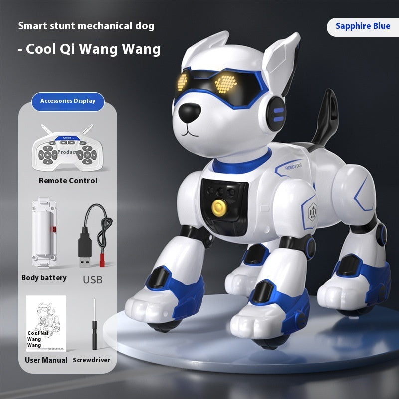 Sapphire-blue accent mechanical robot dog toy with blue details, standing on four legs
