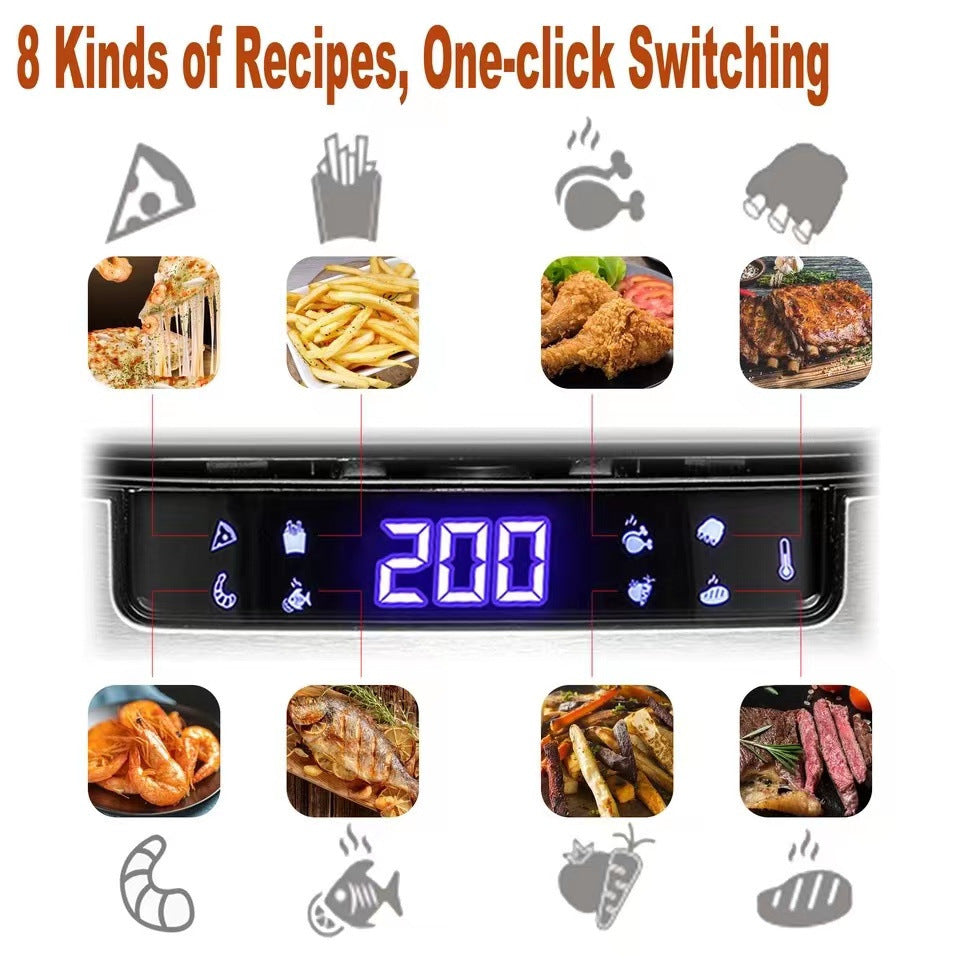 Digital display with recipe icons and temperature control on a white background