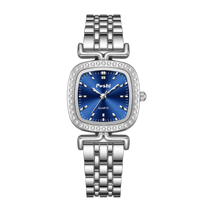 Women’s quartz watch with diamond bezel, blue dial, and silver metal link bracelet