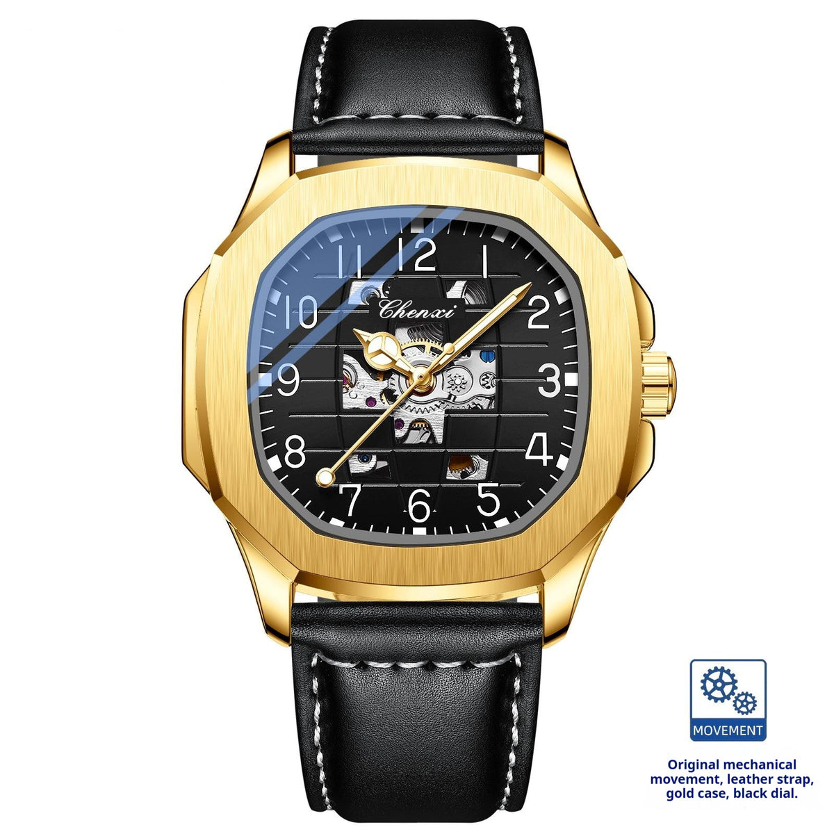 Men's square mechanical watch with gold case and black leather strap, black dial