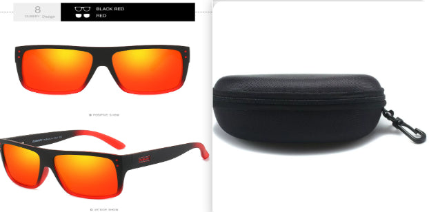 Sports sunglasses with orange lenses, black frame, and zip hard case