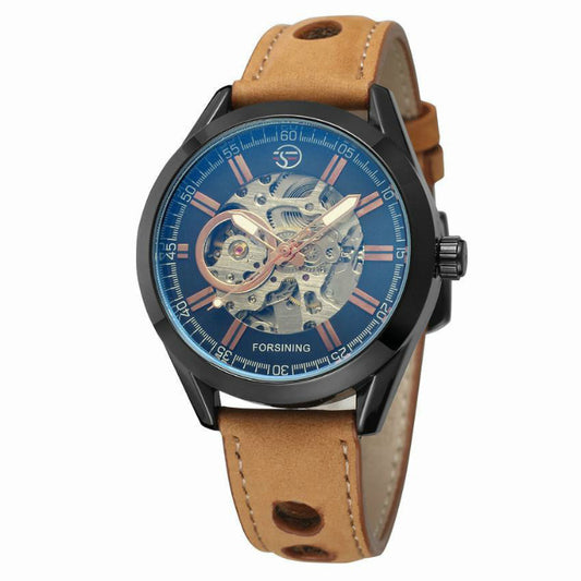 Watch with brown leather strap and blue face on white background