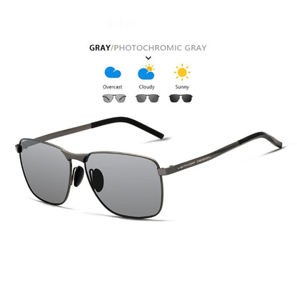 Gray photochromic sunglasses on a white background with weather icons.