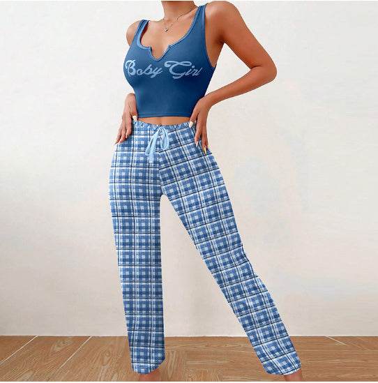 Spring Summer Women's Casual Pajamas Home Wear Vest Color Matching Plaid Trousers Letter Print Top Ladies 2 Pcs Home Clothes Sleepwear - YAXSO