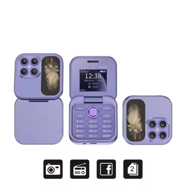 Taro purple flip phone case with dual cameras and built-in keypad display