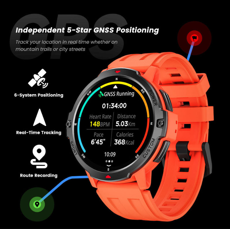 Orange smartwatch with GPS and fitness tracking features on a black background