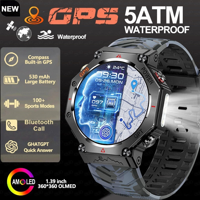 Black rubber-strap smart watch with round face and blue illuminated display screen