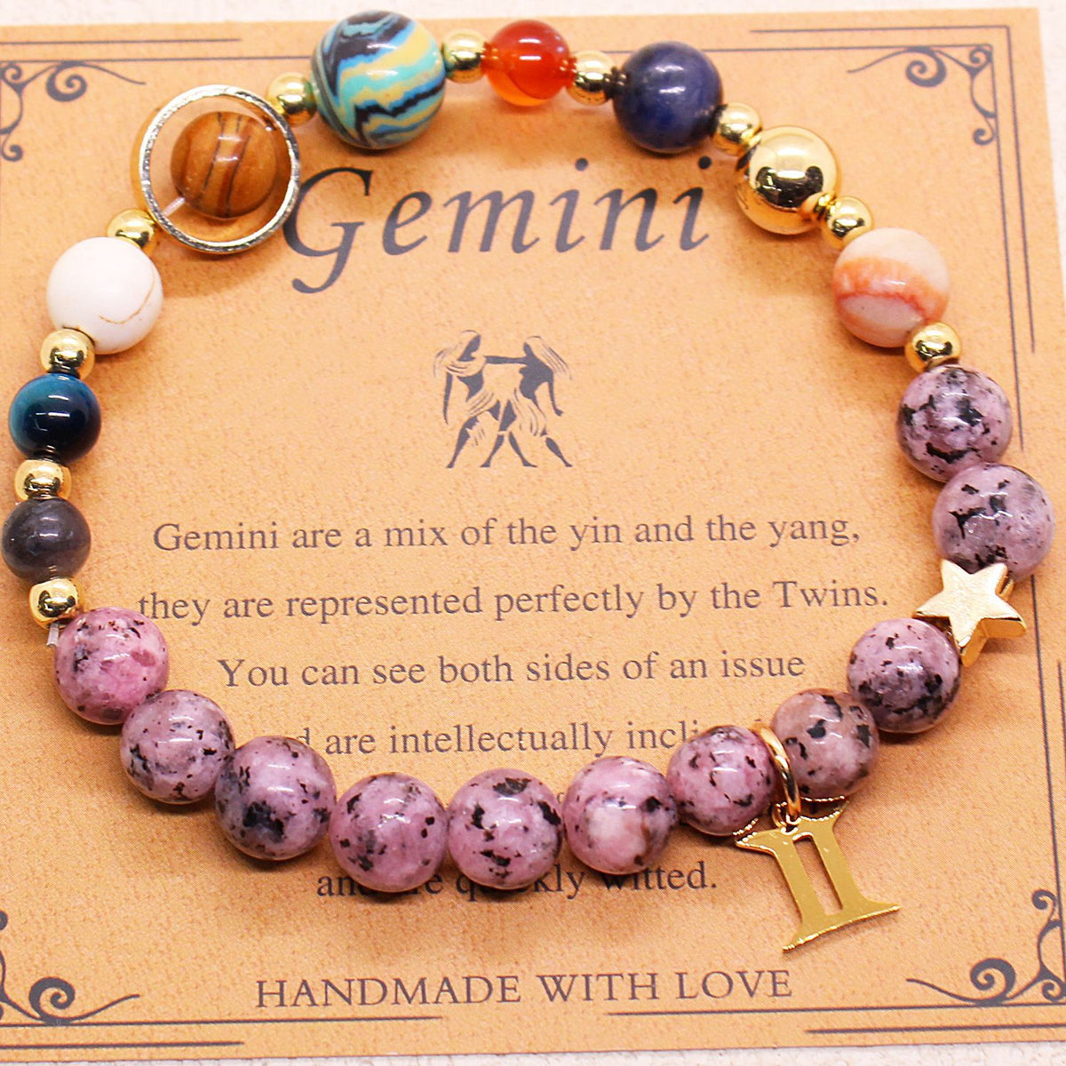 Hemp beaded bracelet with lavender-pink stones, red and blue beads, and gold star charm