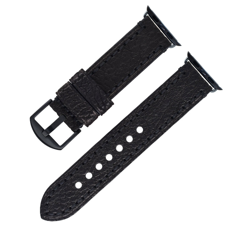 Black watch strap with metal buckle on a white background