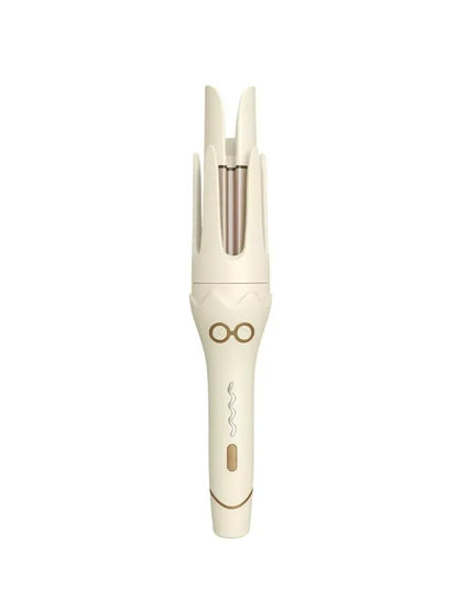 Beige automatic ceramic hair curling iron with dual barrels and front control buttons