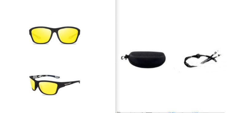 Sunglasses with yellow lenses and black frames, including front and side views, case, and cleaning cloth on a white background.