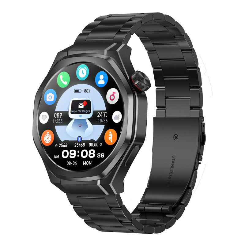 Black smartwatch with metal band on a white background