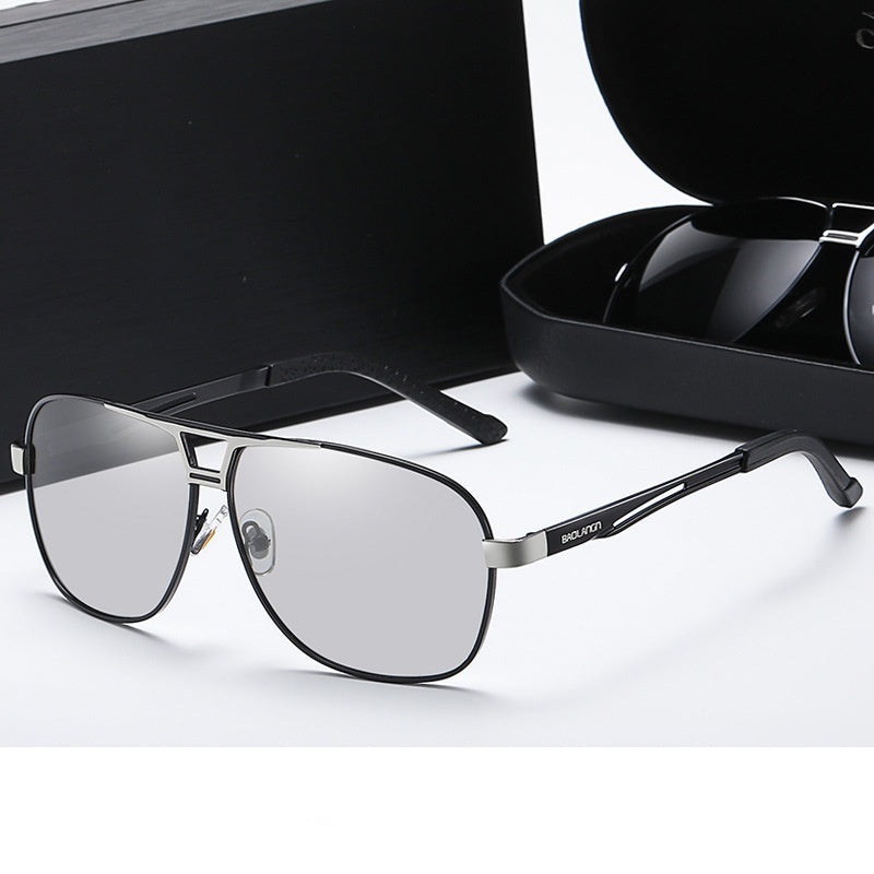 Black silver frame photochromic lenses on a white background