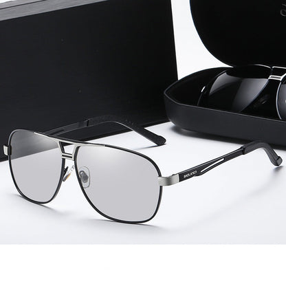 Black silver frame photochromic lenses on a white background