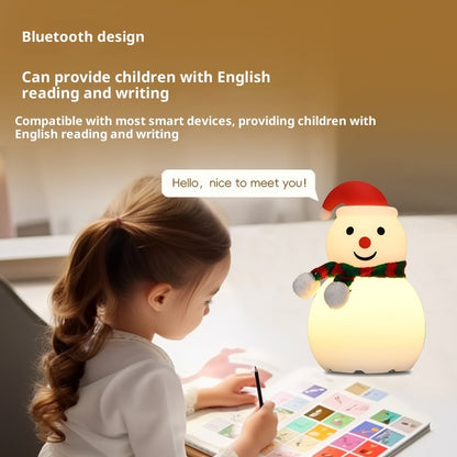 Child using a smart device with a snowman-shaped lamp, text about Bluetooth design and educational benefits.