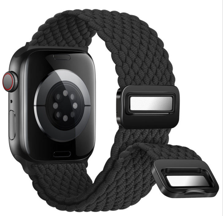 Black braided watch strap on a smartwatch with a white background