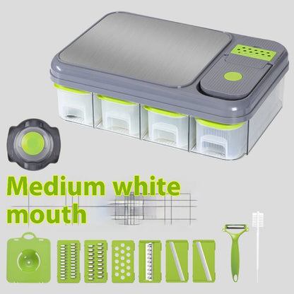 Stainless steel shredder kitchen board with green accents and grater attachments