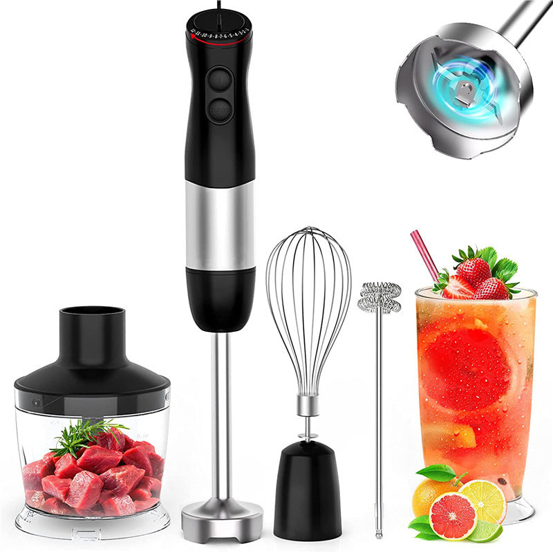Set of kitchen tools including a blender, whisk, and chopper with a cocktail and ingredients in the background.
