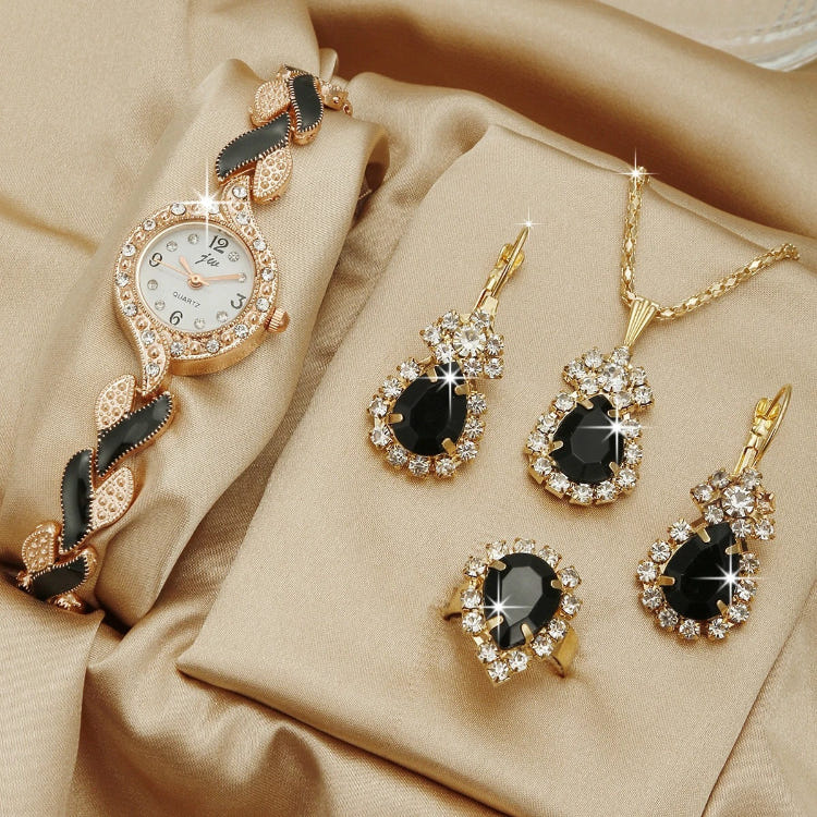 Quartz watch jewelry set with white watch and black stone drop earrings and hoops