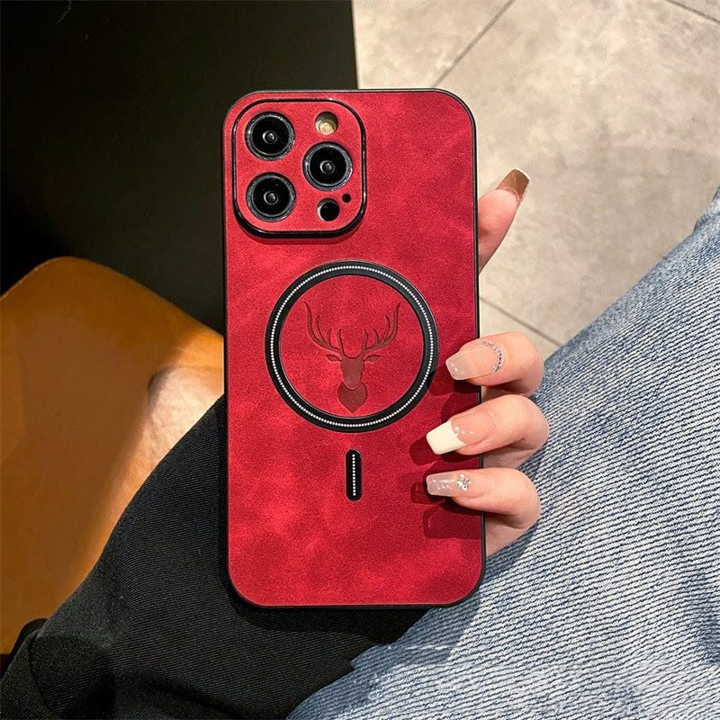 Red phone case with circular deer emblem, three camera cutouts, and charging port