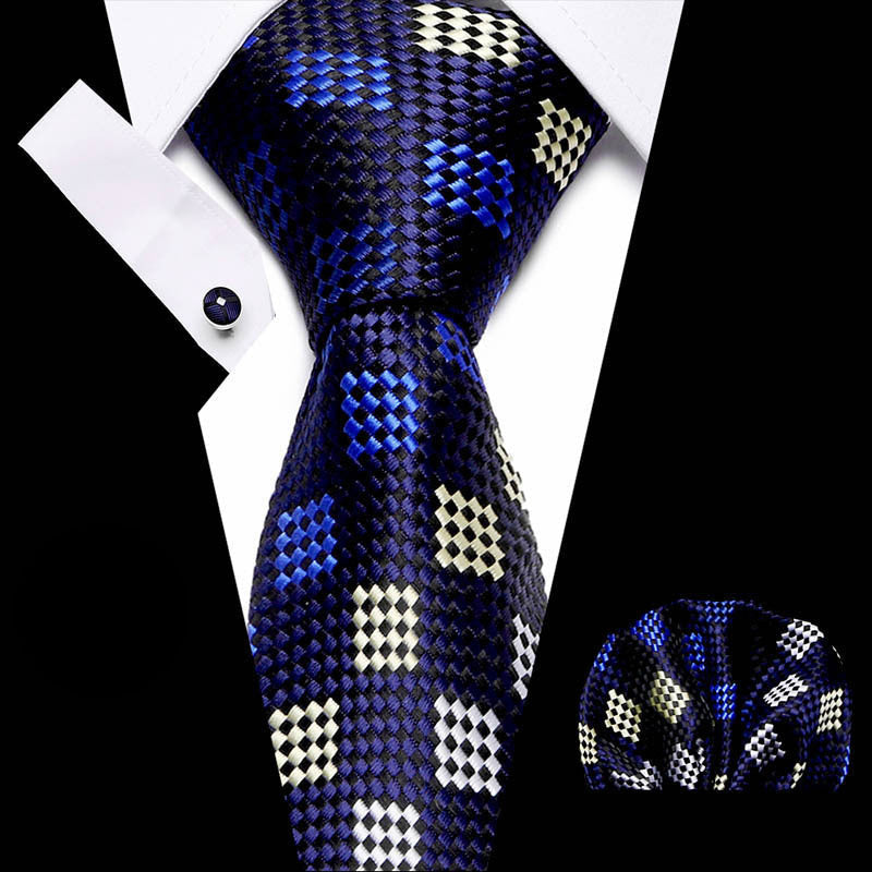 Blue and white checkered tie with matching pocket square on a white background